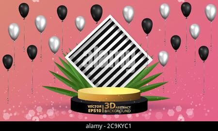 Metallic golden stage with air balloons, round platform and realistic frame minimal background, 3d scene for product presentation or mockup. Sale prom Stock Vector