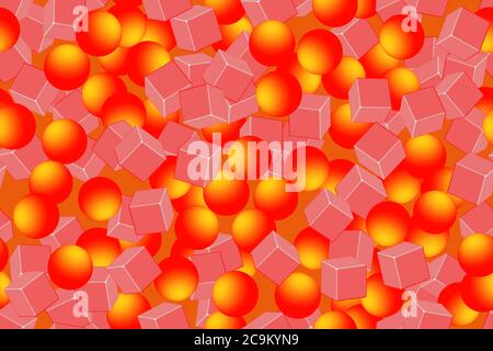 Golden Red Balls Cubes Seamless Pattern, 3D Illustration Stock Vector