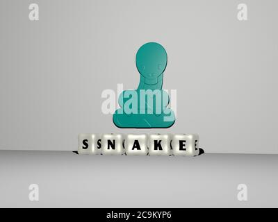 3D representation of SNAKE with icon on the wall and text arranged by metallic cubic letters on a mirror floor for concept meaning and slideshow presentation. illustration and animal Stock Photo