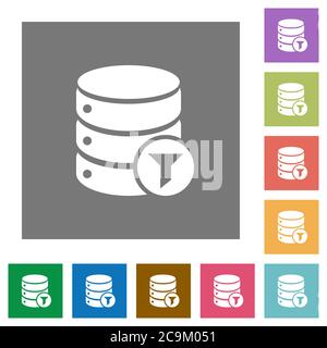 Database filter flat icons on simple color square backgrounds Stock Vector