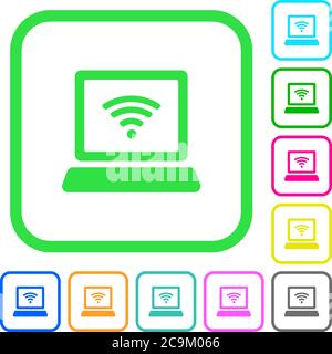 Laptop computer with wireless symbol vivid colored flat icons in curved borders on white background Stock Vector