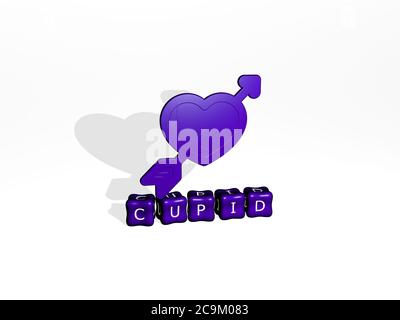 3D illustration of CUPID graphics and text made by metallic dice letters for the related meanings of the concept and presentations. angel and arrow Stock Photo