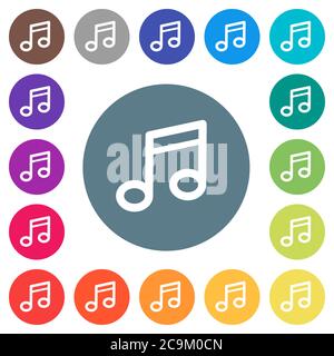 Music note flat white icons on round color backgrounds. 17 background color variations are included. Stock Vector