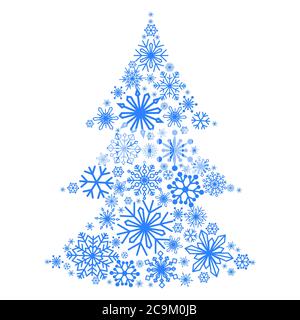Snowflakes in the form of a Christmas tree. Winter themes. Snowflakes of different sizes and shapes. New Year and Christmas. White background. Vector Stock Vector
