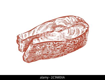 Cut piece of salmon fish sketch. Food concept Stock Vector