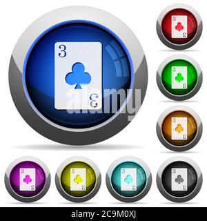 Three of clubs icons in round glossy buttons with steel frames Stock Vector