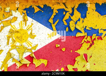 The national flag of Philippines is painted on an old metal wall with ragged paint. Country symbol. Stock Photo