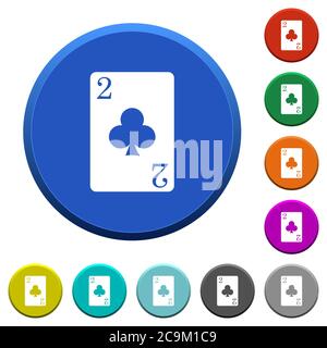 Two of clubs card round color beveled buttons with smooth surfaces and flat white icons Stock Vector