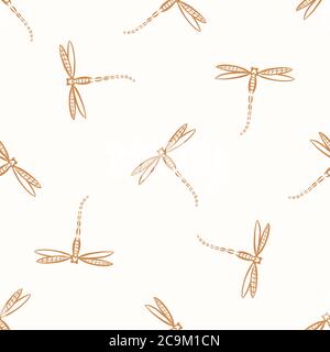 Seamless background dragonfly gender neutral baby pattern. Simple whimsical minimal earthy 2 tone color. Kids nursery wallpaper or boho insect animal Stock Vector