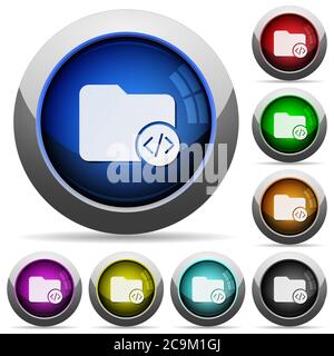Source code directory icons in round glossy buttons with steel frames Stock Vector