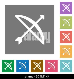 Bow with arrow flat icons on simple color square backgrounds Stock Vector