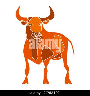 Silhouette of stand bull, drawn with one line. Terracota color. Stock Vector