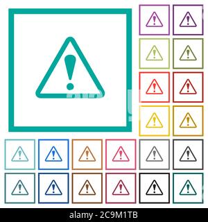 Triangle shaped warning sign flat color icons with quadrant frames on white background Stock Vector