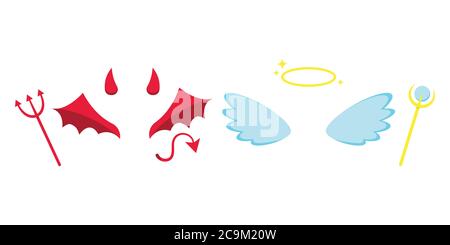 Angel and devil or demon costume attributes icon set isolated on white background. Stock Vector