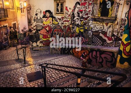 LISBON, PORTUGAL - FEBRUARY 3, 2019: The famous fado vadio street art murales in mouraria district, Lisbon, on february 3, 2019, with iconic singers o Stock Photo