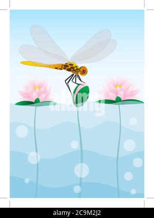 Dragonfly sitting on the water lily. Stock Vector