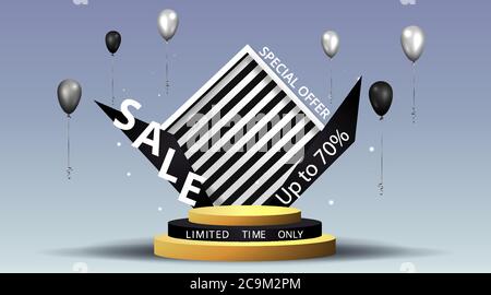 Metallic golden stage with air balloons, round platform and realistic frame minimal background, 3d scene for product presentation or mockup. Sale prom Stock Vector