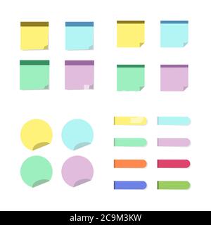 Sticky notes set. Circle square and strips stickers in flat style isolated on white background Stock Vector