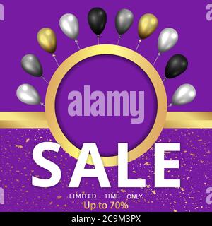 Metallic golden stage with air balloons, round platform and realistic frame minimal background, 3d scene for product presentation or mockup. Sale prom Stock Vector