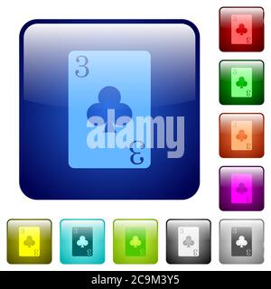 Three of clubs card icons in rounded square color glossy button set Stock Vector