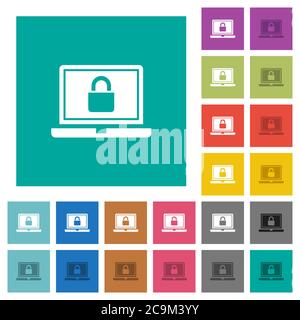 Locked laptop multi colored flat icons on plain square backgrounds. Included white and darker icon variations for hover or active effects. Stock Vector