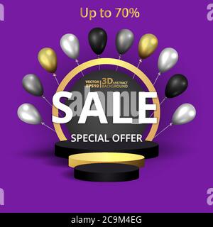 Metallic golden stage with air balloons, round platform and realistic frame minimal background, 3d scene for product presentation or mockup. Sale prom Stock Vector