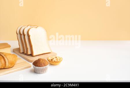 Set of breakfast food or bakery,cake on table kitchen background.cooking and eating with healthy lifestyle.top view Stock Photo