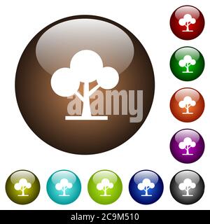 Leafy tree white icons on round color glass buttons Stock Vector