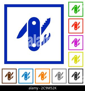 Swiss army knife flat color icons in square frames on white background Stock Vector