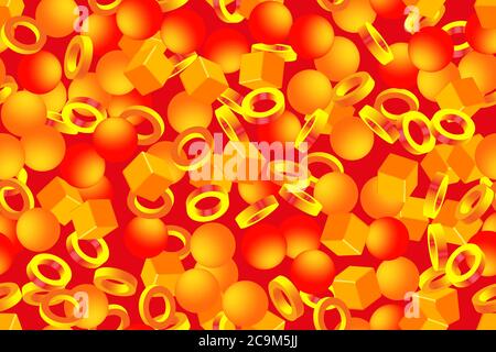 Golden Red Balls Cubes Rings Seamless Pattern, 3D Illustration Stock Vector