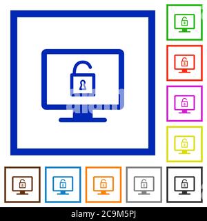 Unlock screen flat color icons in square frames on white background Stock Vector