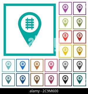 Railroad GPS map location flat color icons with quadrant frames on white background Stock Vector
