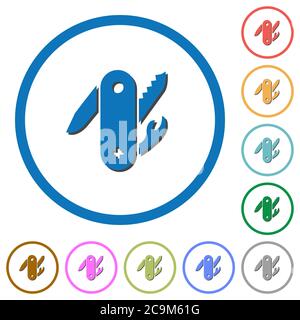 Swiss army knife flat color vector icons with shadows in round outlines on white background Stock Vector