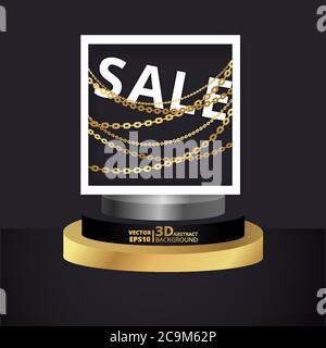 Metallic golden stage with air balloons, round platform and realistic frame minimal background, 3d scene for product presentation or mockup. Sale prom Stock Vector