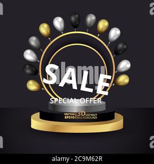 Metallic golden stage with air balloons, round platform and realistic frame minimal background, 3d scene for product presentation or mockup. Sale prom Stock Vector