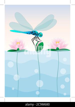 Dragonfly sitting on the water lily. Stock Vector