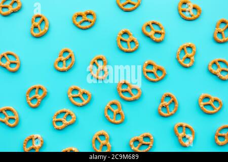 Set of pretzel top view on blue background.flat lay Stock Photo
