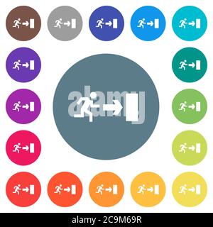Exit sign flat white icons on round color backgrounds. 17 background color variations are included. Stock Vector