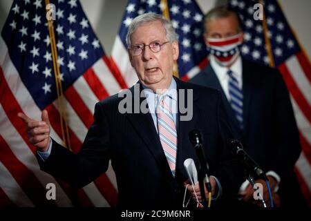(200801) -- BEIJING, Aug. 1, 2020 (Xinhua) -- U.S. Senate Majority Leader Mitch McConnell speaks during a press conference on Capitol Hill in Washington, D.C. July 28, 2020. (Photo by Ting Shen/Xinhua) Stock Photo