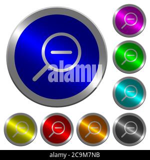 Zoom out icons on round luminous coin-like color steel buttons Stock Vector