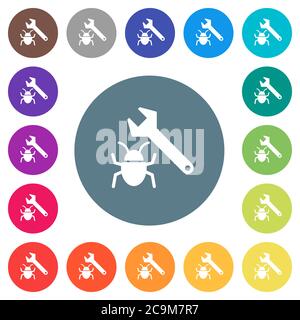 Bug fixing flat white icons on round color backgrounds. 17 background color variations are included. Stock Vector