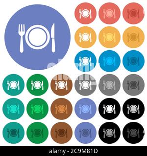 Dinner multi colored flat icons on round backgrounds. Included white, light and dark icon variations for hover and active status effects, and bonus sh Stock Vector