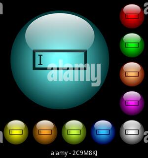 Editbox with editing cursor icons in color illuminated spherical glass buttons on black background. Can be used to black or dark templates Stock Vector