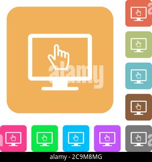 Monitor with pointing cursor flat icons on rounded square vivid color backgrounds. Stock Vector