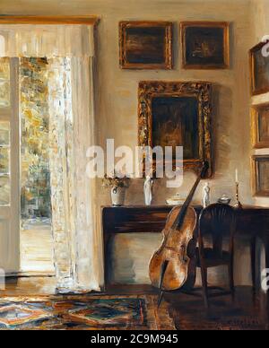 Holsoe Carl Vilhelm - Interior with a Cello Small Piano and an Open Door to the Garden - Danish School - 19th and Early 20th Century Stock Photo