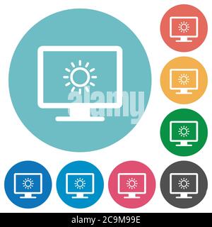 Adjust screen brightness flat white icons on round color backgrounds Stock Vector