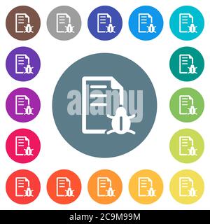 Bug report flat white icons on round color backgrounds. 17 background color variations are included. Stock Vector