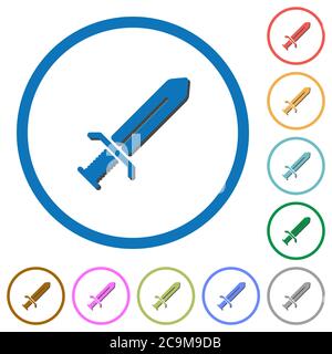 Sword flat color vector icons with shadows in round outlines on white background Stock Vector