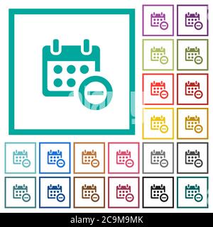 Remove event from calendar flat color icons with quadrant frames on white background Stock Vector