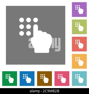 Typing security code flat icons on simple color square backgrounds Stock Vector